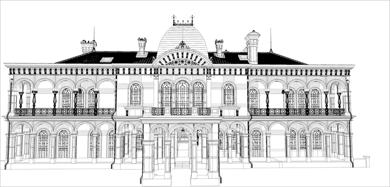 鹿鳴館の3DCG復元モデル 外観俯瞰図 写真に基づく精密再現