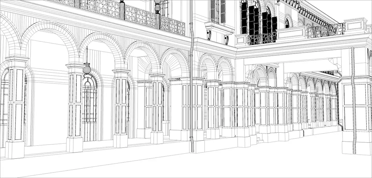 鹿鳴館の3DCG復元モデル 外観俯瞰図 写真に基づく精密再現